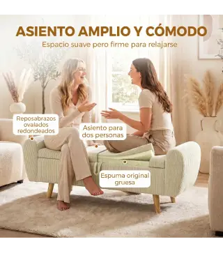 Banco Almacenaje 150 cm Tapizado en Pana Banco Pie de Cama con Brazos Redondeados y Patas de Madera Beige