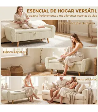 Banco Almacenaje 150 cm Tapizado en Pana Banco Pie de Cama con Brazos Redondeados y Patas de Madera Beige