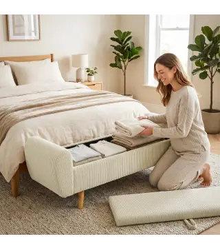 Banco Almacenaje 150 cm Tapizado en Pana Banco Pie de Cama con Brazos Redondeados y Patas de Madera Beige