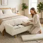 Banco Almacenaje 150 cm Tapizado en Pana Banco Pie de Cama con Brazos Redondeados y Patas de Madera Beige