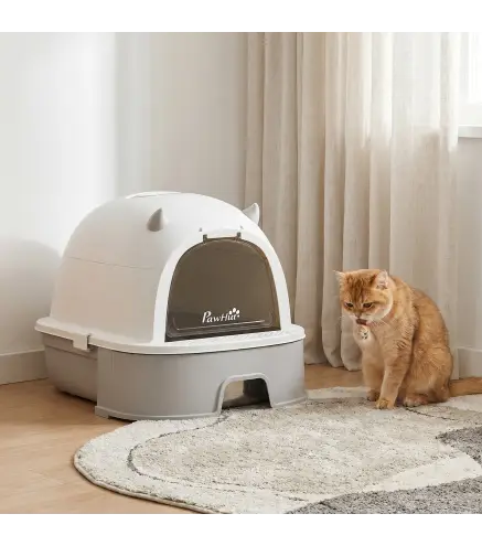 Arenero para Gatos L Caja de Arena para Gatos con Tapa Extraíble y Bandeja de Acero Inoxidable Extraíble Pala Gris