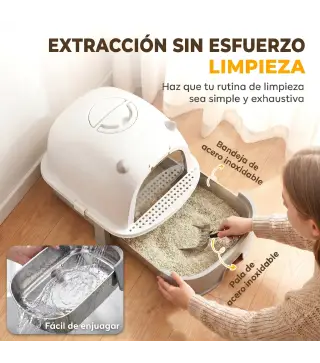 Arenero para Gatos L Caja de Arena para Gatos con Tapa Extraíble y Bandeja de Acero Inoxidable Extraíble Pala Gris