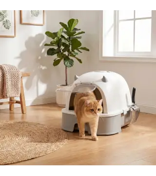 Arenero para Gatos L Caja de Arena para Gatos con Tapa Extraíble y Bandeja de Acero Inoxidable Extraíble Pala Gris