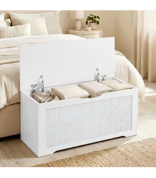 Baúl de Almacenaje 136L Banco de Almacenaje con Panel de Ratán para Recibidor 100x40x45 cm Blanco