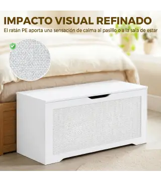 Baúl de Almacenaje 136L Banco de Almacenaje con Panel de Ratán para Recibidor 100x40x45 cm Blanco