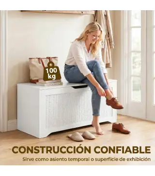 Baúl de Almacenaje 136L Banco de Almacenaje con Panel de Ratán para Recibidor 100x40x45 cm Blanco