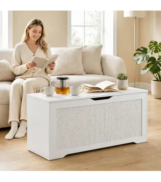 Baúl de Almacenaje 136L Banco de Almacenaje con Panel de Ratán para Recibidor 100x40x45 cm Blanco