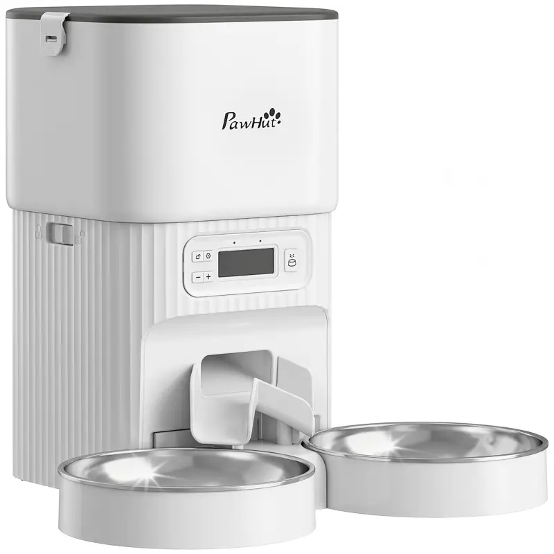 Comedero Gato Automático 4L Dispensador Comida para Gatos/Perros 1-6 Comidas al Día 2 Cuencos 2 Fuentes de Alimentación