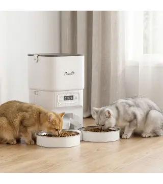 Comedero Gato Automático 4L Dispensador Comida para Gatos/Perros 1-6 Comidas al Día 2 Cuencos 2 Fuentes de Alimentación
