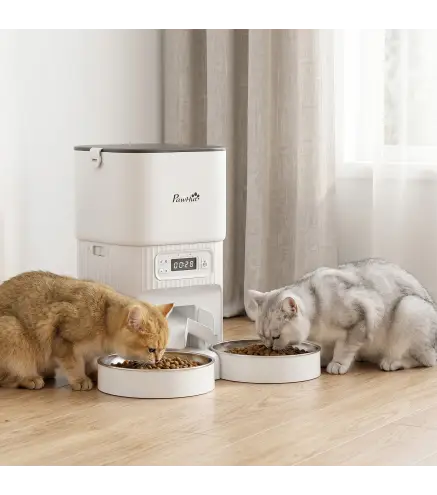 Comedero Gato Automático 4L Dispensador Comida para Gatos/Perros 1-6 Comidas al Día 2 Cuencos 2 Fuentes de Alimentación