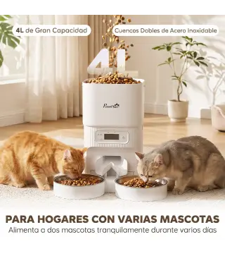 Comedero Gato Automático 4L Dispensador Comida para Gatos/Perros 1-6 Comidas al Día 2 Cuencos 2 Fuentes de Alimentación