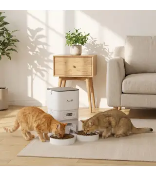 Comedero Gato Automático 4L Dispensador Comida para Gatos/Perros 1-6 Comidas al Día 2 Cuencos 2 Fuentes de Alimentación