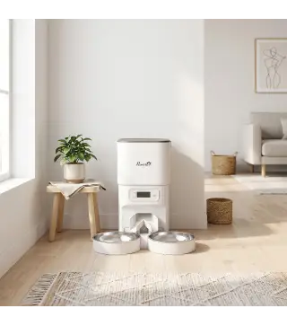 Comedero Gato Automático 4L Dispensador Comida para Gatos/Perros 1-6 Comidas al Día 2 Cuencos 2 Fuentes de Alimentación