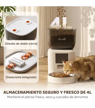 Comedero Automático 4L WiFi 2.4G para Gatos Perros con Control App 2 Cuencos 1-10 Comidas al Día Grabadora Voz 10s