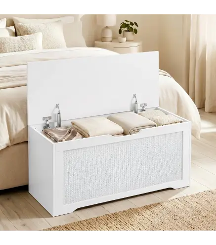 Baúl de Almacenaje 108L Banco de Almacenaje con Panel de Ratán Tapa Brazos de Soporte para Recibidor 80x40x45 cm Blanco