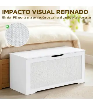 Baúl de Almacenaje 108L Banco de Almacenaje con Panel de Ratán Tapa Brazos de Soporte para Recibidor 80x40x45 cm Blanco