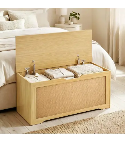 Baúl de Almacenaje 108L Banco de Almacenaje con Panel de Ratán Tapa Brazos de Soporte para Recibidor 80x40x45 cm Roble