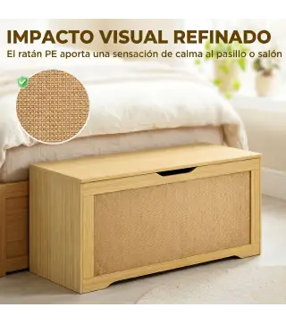 Baúl de Almacenaje 108L Banco de Almacenaje con Panel de Ratán Tapa Brazos de Soporte para Recibidor 80x40x45 cm Roble