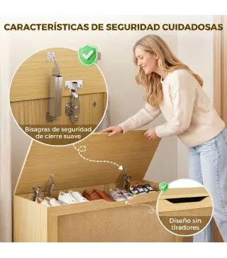 Baúl de Almacenaje 108L Banco de Almacenaje con Panel de Ratán Tapa Brazos de Soporte para Recibidor 80x40x45 cm Roble