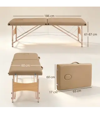 Camilla de Masaje Plegable con Marco de Madera con Altura Regulable y Bolsa de Transporte 186x60x61-87 cm Marrón