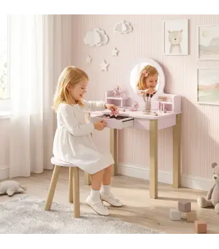 Tocador de Maquillaje Niña Tocador Infantil con Taburete Espejo Cajón y 2 Estantes Abiertos para Niños 3 a 6 Años Rosa