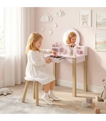 Tocador de Maquillaje Niña Tocador Infantil con Taburete Espejo Cajón y 2 Estantes Abiertos para Niños 3 a 6 Años Rosa