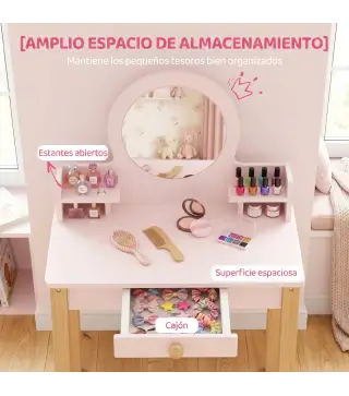 Tocador de Maquillaje Niña Tocador Infantil con Taburete Espejo Cajón y 2 Estantes Abiertos para Niños 3 a 6 Años Rosa