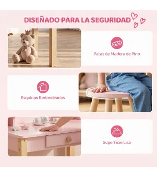 Tocador de Maquillaje Niña Tocador Infantil con Taburete Espejo Cajón y 2 Estantes Abiertos para Niños 3 a 6 Años Rosa