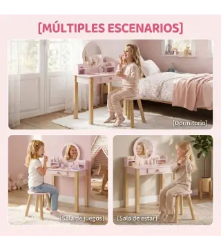 Tocador de Maquillaje Niña Tocador Infantil con Taburete Espejo Cajón y 2 Estantes Abiertos para Niños 3 a 6 Años Rosa