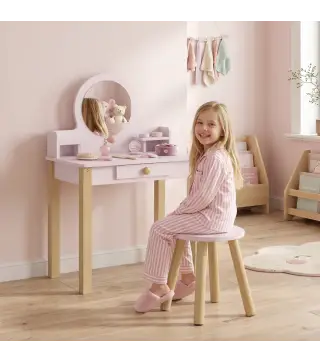 Tocador de Maquillaje Niña Tocador Infantil con Taburete Espejo Cajón y 2 Estantes Abiertos para Niños 3 a 6 Años Rosa