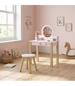 Tocador de Maquillaje Niña Tocador Infantil con Taburete Espejo Cajón y 2 Estantes Abiertos para Niños 3 a 6 Años Rosa