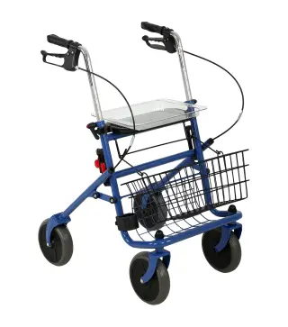 Andador para Ancianos Plegable con Asiento 4 Ruedas Altura Ajustable Frenos de Maneta Cesta Bandeja Porta Bastón Azul