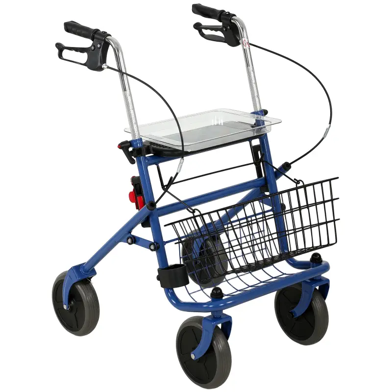 Andador para Ancianos Plegable con Asiento 4 Ruedas Altura Ajustable Frenos de Maneta Cesta Bandeja Porta Bastón Azul