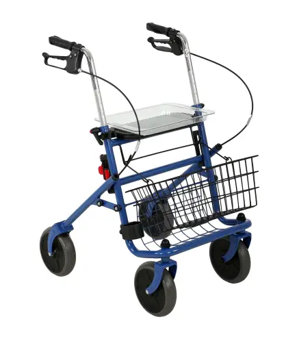 Andador para Ancianos Plegable con Asiento 4 Ruedas Altura Ajustable Frenos de Maneta Cesta Bandeja Porta Bastón Azul