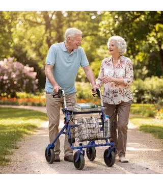 Andador para Ancianos Plegable con Asiento 4 Ruedas Altura Ajustable Frenos de Maneta Cesta Bandeja Porta Bastón Azul