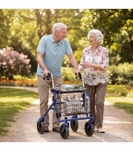 Andador para Ancianos Plegable con Asiento 4 Ruedas Altura Ajustable Frenos de Maneta Cesta Bandeja Porta Bastón Azul