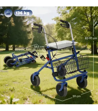 Andador para Ancianos Plegable con Asiento 4 Ruedas Altura Ajustable Frenos de Maneta Cesta Bandeja Porta Bastón Azul