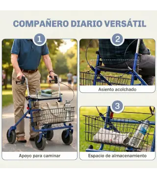 Andador para Ancianos Plegable con Asiento 4 Ruedas Altura Ajustable Frenos de Maneta Cesta Bandeja Porta Bastón Azul