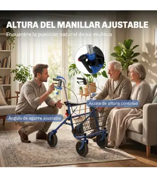 Andador para Ancianos Plegable con Asiento 4 Ruedas Altura Ajustable Frenos de Maneta Cesta Bandeja Porta Bastón Azul