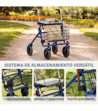 Andador para Ancianos Plegable con Asiento 4 Ruedas Altura Ajustable Frenos de Maneta Cesta Bandeja Porta Bastón Azul