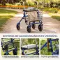 Andador para Ancianos Plegable con Asiento 4 Ruedas Altura Ajustable Frenos de Maneta Cesta Bandeja Porta Bastón Azul