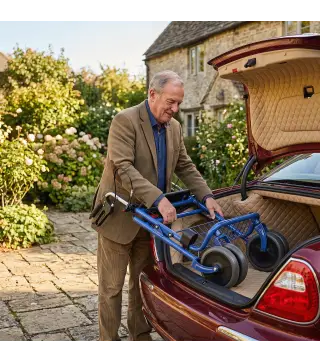 Andador para Ancianos Plegable con Asiento 4 Ruedas Altura Ajustable Frenos de Maneta Cesta Bandeja Porta Bastón Azul