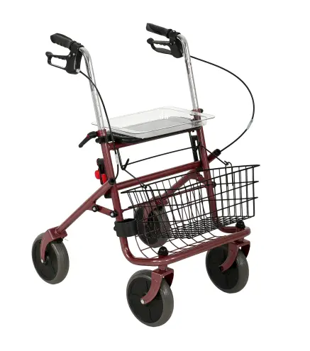 Andador para Ancianos Plegable con Asiento 4 Ruedas Altura Ajustable Frenos de Maneta Cesta Bandeja Porta Bastón Rojo
