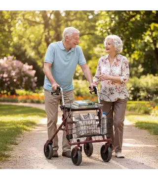Andador para Ancianos Plegable con Asiento 4 Ruedas Altura Ajustable Frenos de Maneta Cesta Bandeja Porta Bastón Rojo