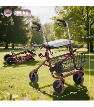 Andador para Ancianos Plegable con Asiento 4 Ruedas Altura Ajustable Frenos de Maneta Cesta Bandeja Porta Bastón Rojo
