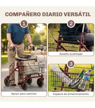 Andador para Ancianos Plegable con Asiento 4 Ruedas Altura Ajustable Frenos de Maneta Cesta Bandeja Porta Bastón Rojo