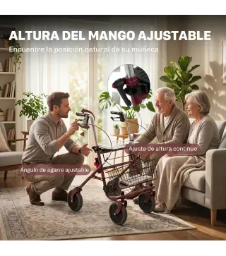 Andador para Ancianos Plegable con Asiento 4 Ruedas Altura Ajustable Frenos de Maneta Cesta Bandeja Porta Bastón Rojo
