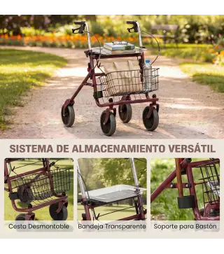Andador para Ancianos Plegable con Asiento 4 Ruedas Altura Ajustable Frenos de Maneta Cesta Bandeja Porta Bastón Rojo