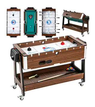 Mesa Multijuegos 3 en 1 con Ruedas con Freno Estante de Almacenaje Futbolines para Niños Billar Air Hockey Nogal