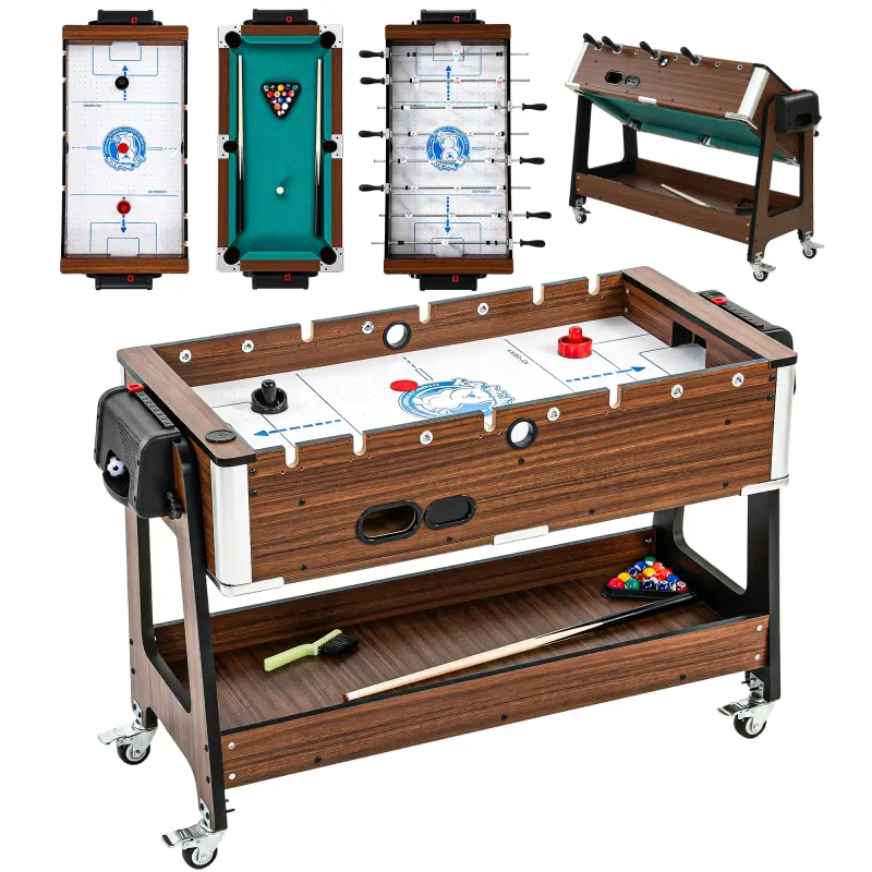 Mesa Multijuegos 3 en 1 con Ruedas con Freno Estante de Almacenaje Futbolines para Niños Billar Air Hockey Nogal